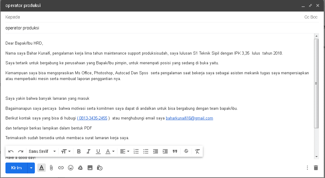 contoh Penulisan lamaran kerja simple via email